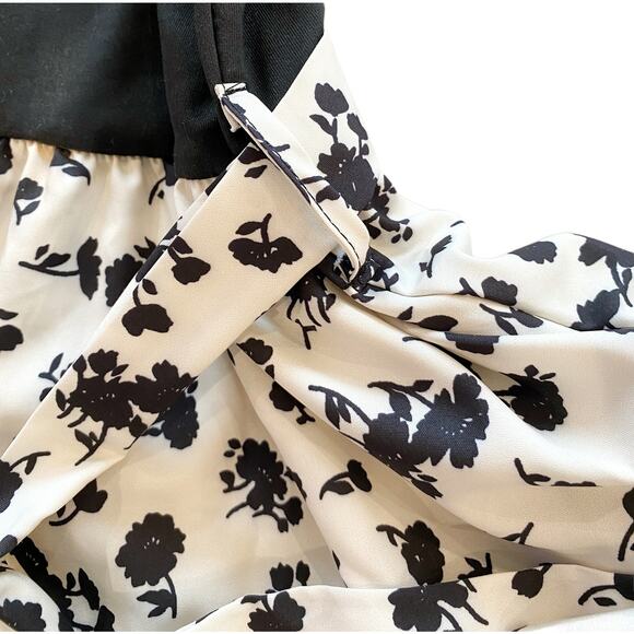 SHEIN Black Cream Floral Layered Belted Dress Womens Size XS NEW - Picture 3 of 9
